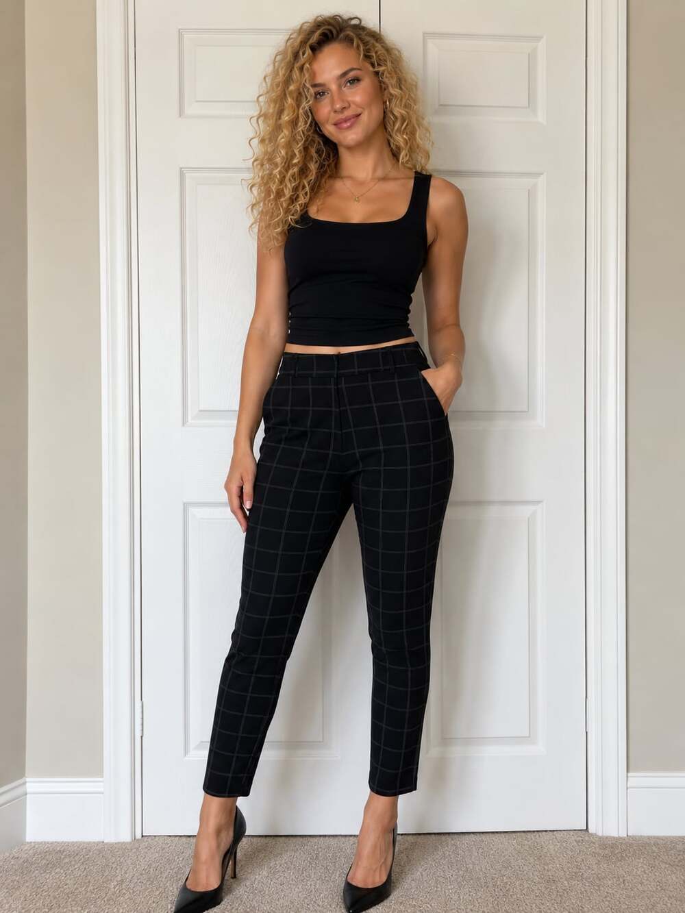 Maze Collection Black Windowpane Plaid Stretch Pull-On Leggings Pants